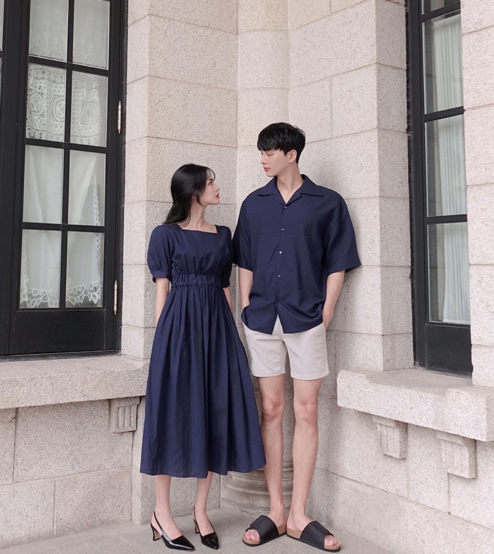 Set áo đôi tình nhân áo sơ mi nam và đầm nữ phong cách Hàn Quốc đi biển  chụp hình cưới màu xanh đen đồ cặp  Lazadavn